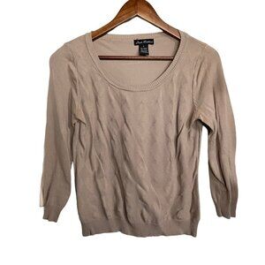 Linda Matthews Womens Beige Argyle Knit 3/4 Sleeve Lightweight Sweater Small